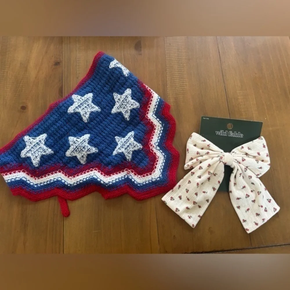 NWT Wild Fable Blue and Red Star Bandana with White Bow Set
